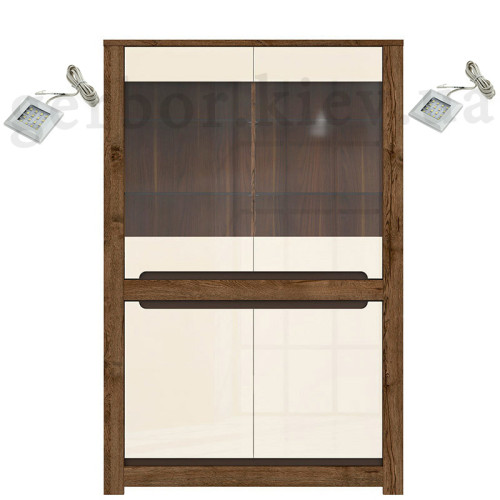 Фото витрины RUSO REG2W2D BRW дуб апрель / перламутр глянец с подсветкой Squere