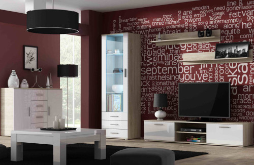Фото тумбы ТВ 180 SOHO CAMA MEBLE дуб сонома / белый глянец в интерьере гостиной