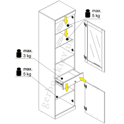 На фото схема наполнения витрины JAGGER 1D1W1S MEBELBOS