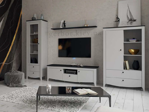 Фото тумби КАРІНА KOM1D2S Гербор попелястий / антрацит в інтер'єрі вітальні