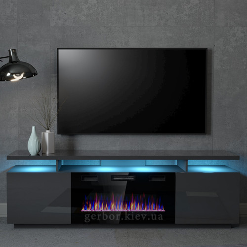 Фото тумби ТВ з чорним електрокаміном EVA CAMA MEBLE графіт глянець – вигляд спереду