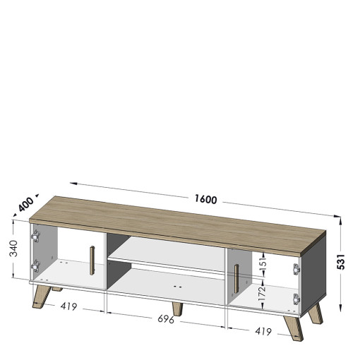 На фото схема тумбы ТВ 160 2D2K LOTTA CAMA MEBLE с размерами
