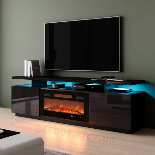 Фото тумби ТВ з чорним електрокаміном EVA CAMA MEBLE чорний глянець