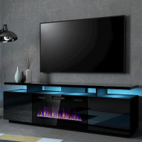 EVA CAMA MEBLE Тумба ТВ чорний / чорний глянець з чорним електрокаміном EVA CAMA MEBLE Тумба ТВ чорний / чорний глянець з чорним електрокаміном