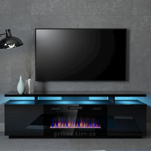 Фото тумби ТВ з чорним електрокаміном EVA CAMA MEBLE чорний глянець – вигляд спереду