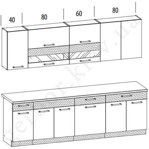 Фото комплекта для кухни MODENA 260 BOGFRAN белый глянец / графит мат – схема размеров