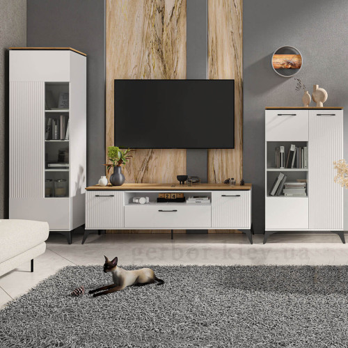 Фото низької вітрини VELUTTO 1D1W MEBELBOS в інтер'єрі вітальні