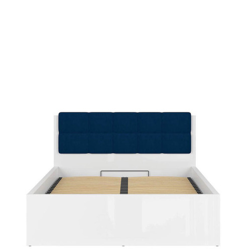 Фото кровати с полкой и подъемным механизмом TETRIX LOZ/140/B-POL-NAK BRW белый глянец с синей накладкой 