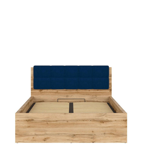 Фото кровати с полкой и подъемным механизмом TETRIX LOZ/140/B-POL-NAK BRW дуб вотан с синей накладкой 