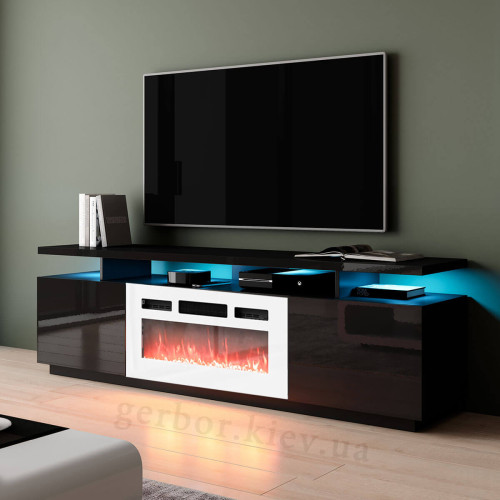 Фото тумби ТВ з білим електрокаміном EVA CAMA MEBLE чорний глянець