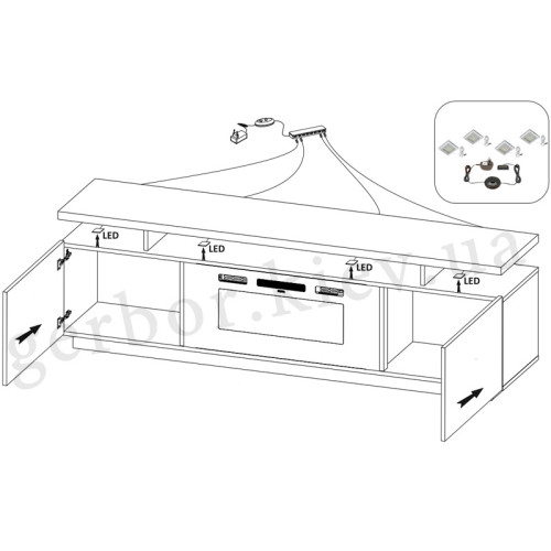 Фото тумби ТВ з білим електрокаміном EVA CAMA MEBLE чорний глянець – схема наповнення та підключення підсвітки
