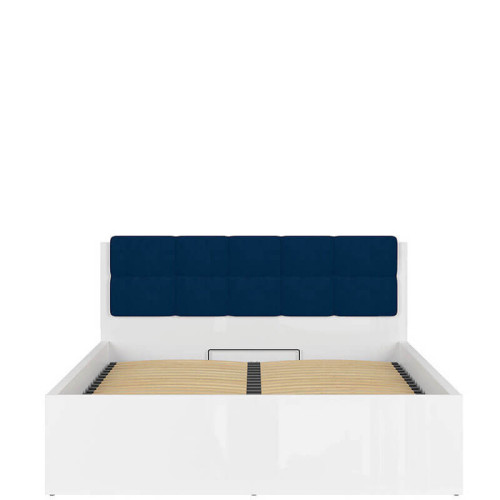 Фото кровати с полкой и подъемным механизмом TETRIX LOZ/160/B-POL-NAK BRW белый глянец с синей накладкой 