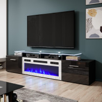 ROVA EF CAMA MEBLE Тумба ТВ чорний / чорний глянець з білим електрокаміном ROVA EF CAMA MEBLE Тумба ТВ чорний / чорний глянець з білим електрокаміном