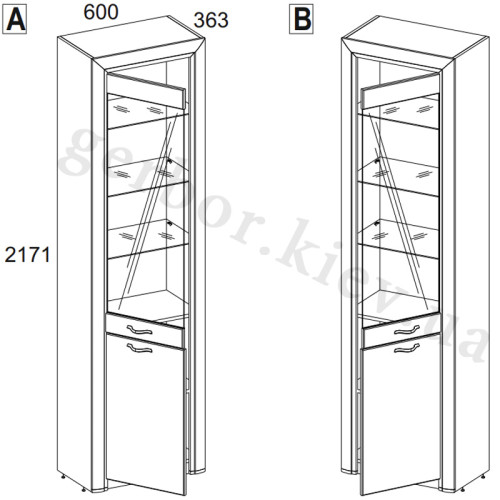 Фото вітрини SAPORI 1D1W MEBELBOS – схема з розмірами та варіантами відкривання