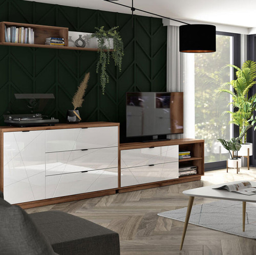 Фото полки FORN POL/160 BRW дуб делано темный / белый глянец в интерьере гостиной