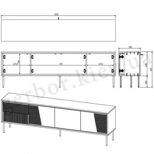Фото тумби ТВ ABI 200 4D CAMA MEBLE  білий – схема з розмірами (2-2)