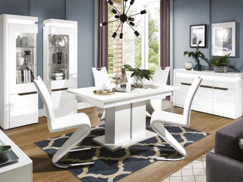 Фото витрины IRMA IM7 BOGFRAN белый / белый глянец со вставкой венге магия в интерьере столовой