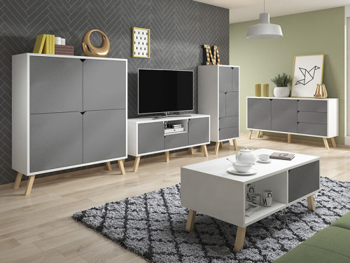 Фото тумбы ТВ TOKIO VIVALDI TK1 белый / серый в интерьере гостиной