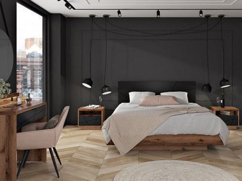 Фото туалетного столика с подсветкой FORN TOL1S+OSW BRW дуб делано темный / черный в интерьере спальни