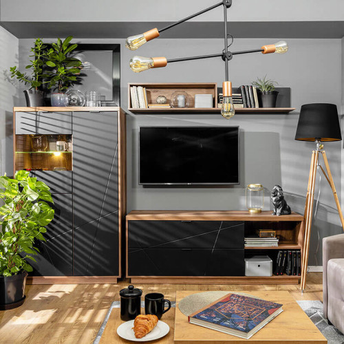 Фото тумбы под телевизор FORN RTV2S BRW дуб делано темный / черный в интерьере гостиной