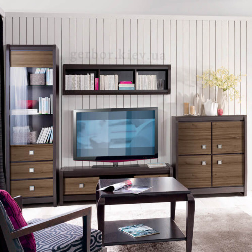 Фото вітрини ЛОРЕН REG1W2SLP БРВ (ВМК) венге магія / монтеверде в інтер'єрі вітальні