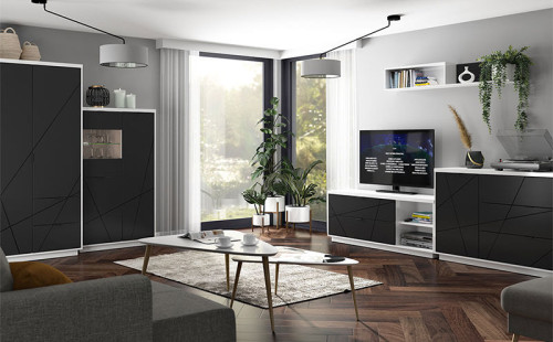 Фото шкафа FORN SZF2D2S BRW белый глянец / черный в интерьере гостиной