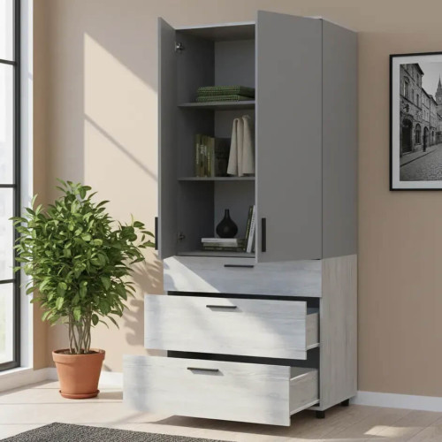 Фото наповнення шафи ТОРН 2 ДСП/3Ш полиці ДОРОС (DOROS) сосна натті / сірий в інтер'єрі