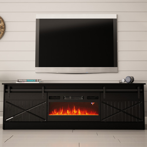 Фото тумби ТВ з електрокаміном GRANERO CAMA MEBLE чорний / чорний глянець / чорний камін – вигляд спереду