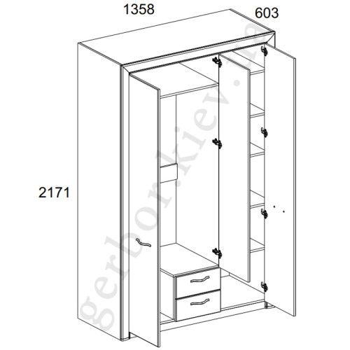 Фото шафи із дзеркалом SAPORI 3D2S MEBELBOS – схема з розмірами та наповненням