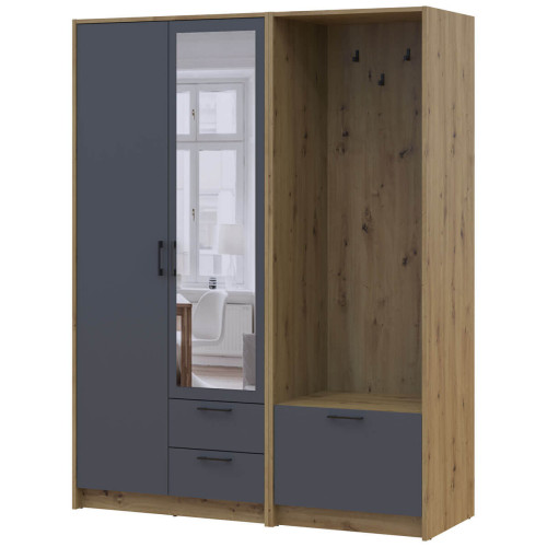 Фото шафи 2 ДСП з вішалкою та дзеркалом РОНДІ  ДОРОС (DOROS) 142х52х195 дуб артизан / графіт