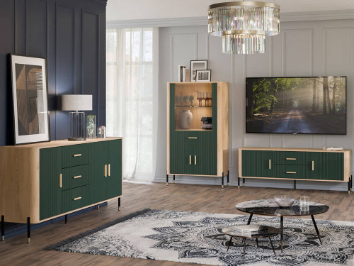 Фото тумби ТВ DANTE DT01 LIVEO дуб кремона торро / зелений / золоті ручки в інтер'єрі вітальні