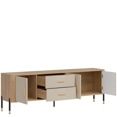 Фото тумби ТВ DANTE DT02 LIVEO дуб кремона торро / кашемір / золоті ручки – вигляд збоку наповнення