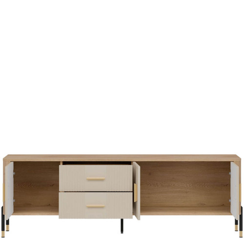 Фото тумби ТВ DANTE DT02 LIVEO дуб кремона торро / кашемір / золоті ручки – вигляд спереду наповнення