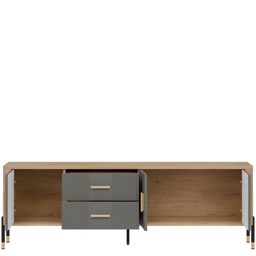 Фото тумби ТВ DANTE DT02 LIVEO дуб кремона торро / сірий / золоті ручки – вигляд спереду наповнення