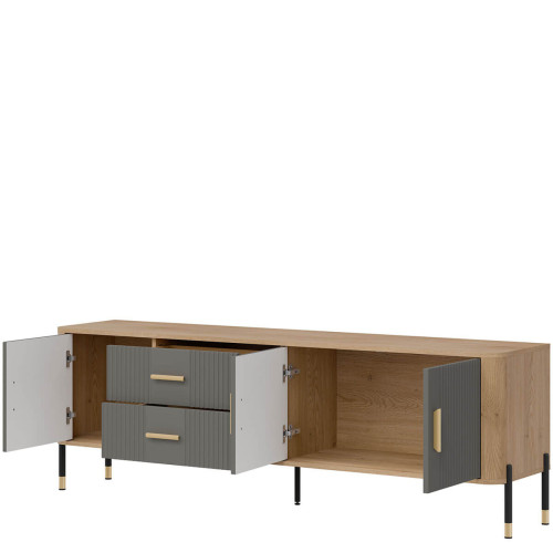 Фото тумби ТВ DANTE DT02 LIVEO дуб кремона торро / сірий / золоті ручки – наповнення