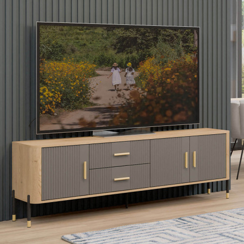 Фото тумби ТВ DANTE DT02 LIVEO дуб кремона торро / сірий / золоті ручки в інтер'єрі