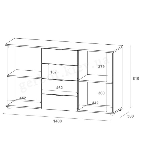 Фото комода РОН 5 ДОРОС (DOROS) 2Д 4Ш – схема із внутрішніми розмірами
