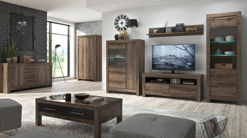 Фото витрины BALIN REG1D1W BRW дуб монастери в интерьере гостиной