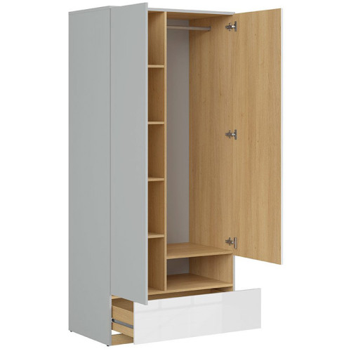 Фото шкафа NANDU SZF2D1S BRW с белым глянцевым ящиком - наполнение