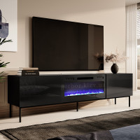 SLIDE K 200 CAMA MEBLE Тумба ТВ чорний / чорний глянець / чорні ніжки з чорним електрокаміном SLIDE K 200 CAMA MEBLE Тумба ТВ чорний / чорний глянець / чорні ніжки з чорним електрокаміном