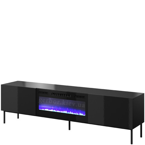 Фото тумби ТВ з електрокаміном SLIDE K 200 CAMA MEBLE чорний / чорний глянець / чорні ніжки / чорний камін – вигляд збоку