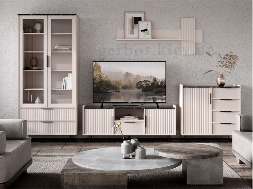 Фото тумби ТВ ФРЕСКО RTV2D1S БРВ (ВМК) кашемір / темний мармур в інтер'єрі вітальні