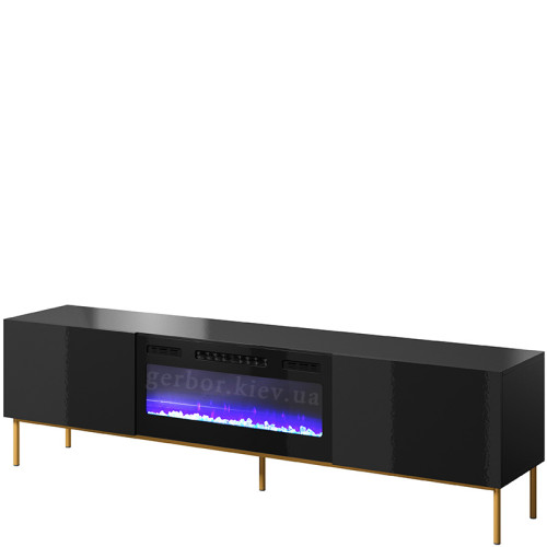 Фото тумби ТВ з електрокаміном SLIDE K 200 CAMA MEBLE чорний / чорний глянець / золоті ніжки / чорний камін – вигляд збоку