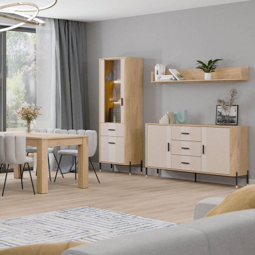 Фото комода DANTE DT06 LIVEO дуб кремона торро / кашемір / чорні ручки в інтер'єрі їдальні