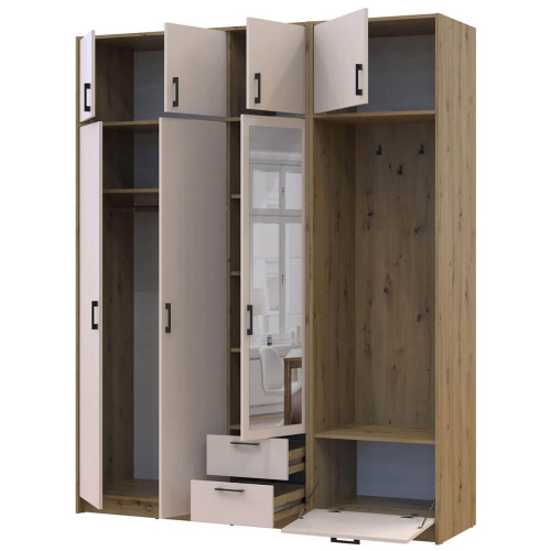 Фото шафи 3 ДСП з вішалкою, дзеркалом та антресоллю РОНДІ  ДОРОС (DOROS) 181х52х236 дуб артизан / кашемір – наповнення