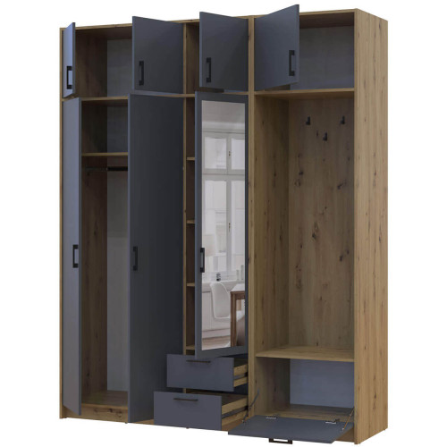 Фото шафи 3 ДСП з вішалкою, дзеркалом та антресоллю РОНДІ  ДОРОС (DOROS) 181х52х236 дуб артизан / графіт – наповнення