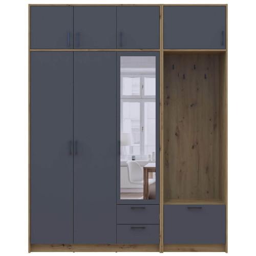 Фото шафи 3 ДСП з вішалкою, дзеркалом та антресоллю РОНДІ  ДОРОС (DOROS) 181х52х236 дуб артизан / графіт – вигляд спереду