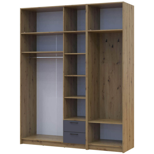 Фото шафи 3 ДСП з вішалкою, дзеркалом та антресоллю РОНДІ  ДОРОС (DOROS) 181х52х236 дуб артизан / графіт – вигляд збоку наповнення